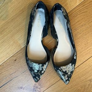 Nine West Saige D’Orsay Black Floral Embroidered Flats, Size 9.5